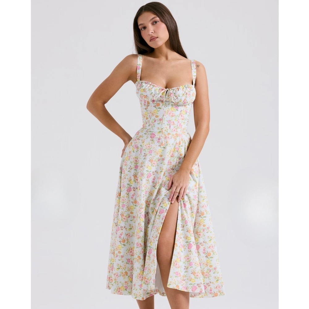 CARMEN Bustier Sundress – Pale Blue Meadow Print – Size L – NWT